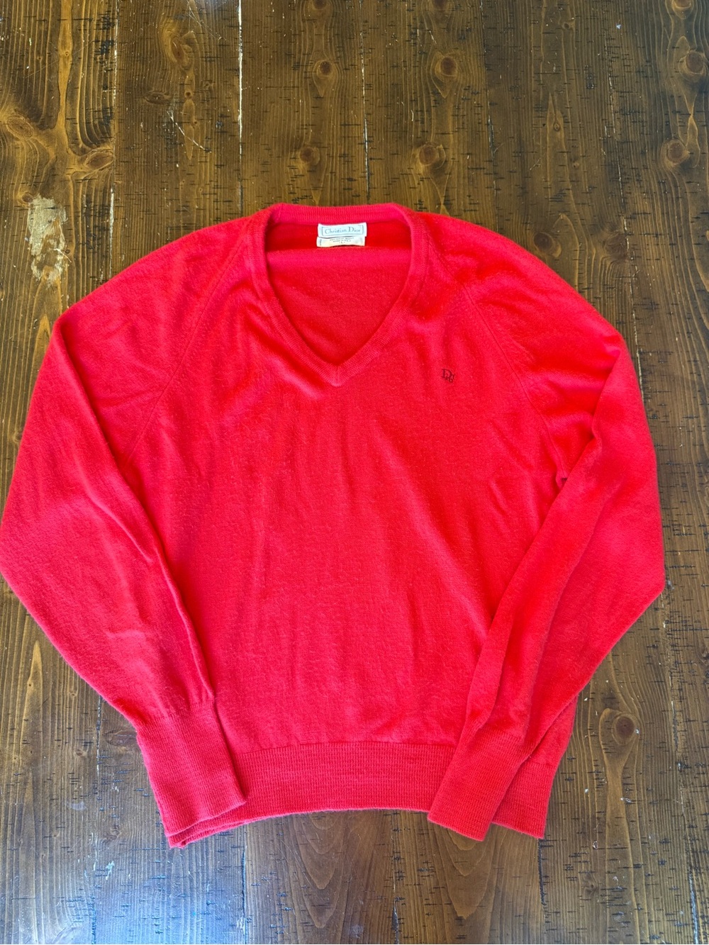 Vintage Christian Dior Red V-Neck Sweater 100% Orlon Acrylic Knit Pullover Sz L